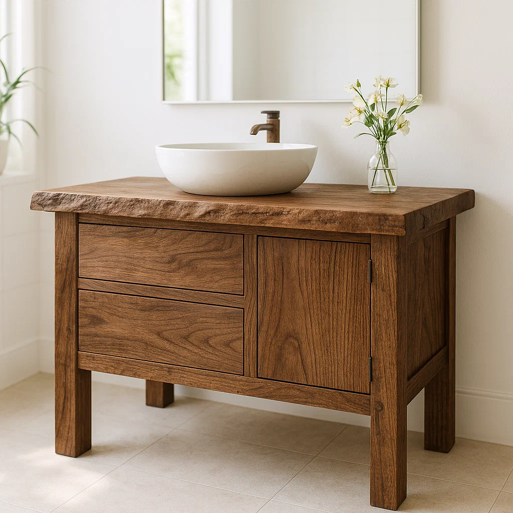 Handcrafted Solid Wood Bathroom Vanity - Live Edge Top, 2 Drawers & Single Door Cabinet Kitchnce