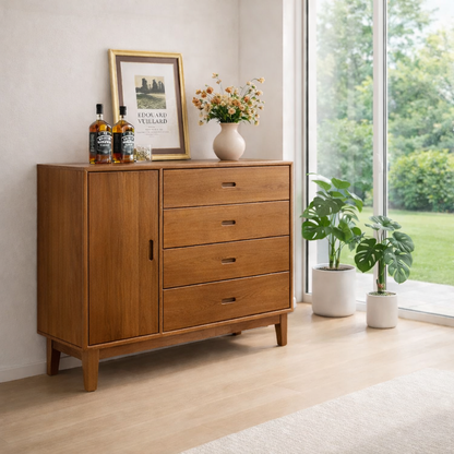 Mid Century Storage Sideboard Cabinet with 4 Drawers and Door – Compact Console