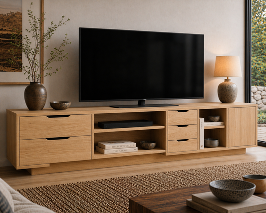 Solid Wood Media Console with Drawers, Modern TV Stand with Open Shelf Storage