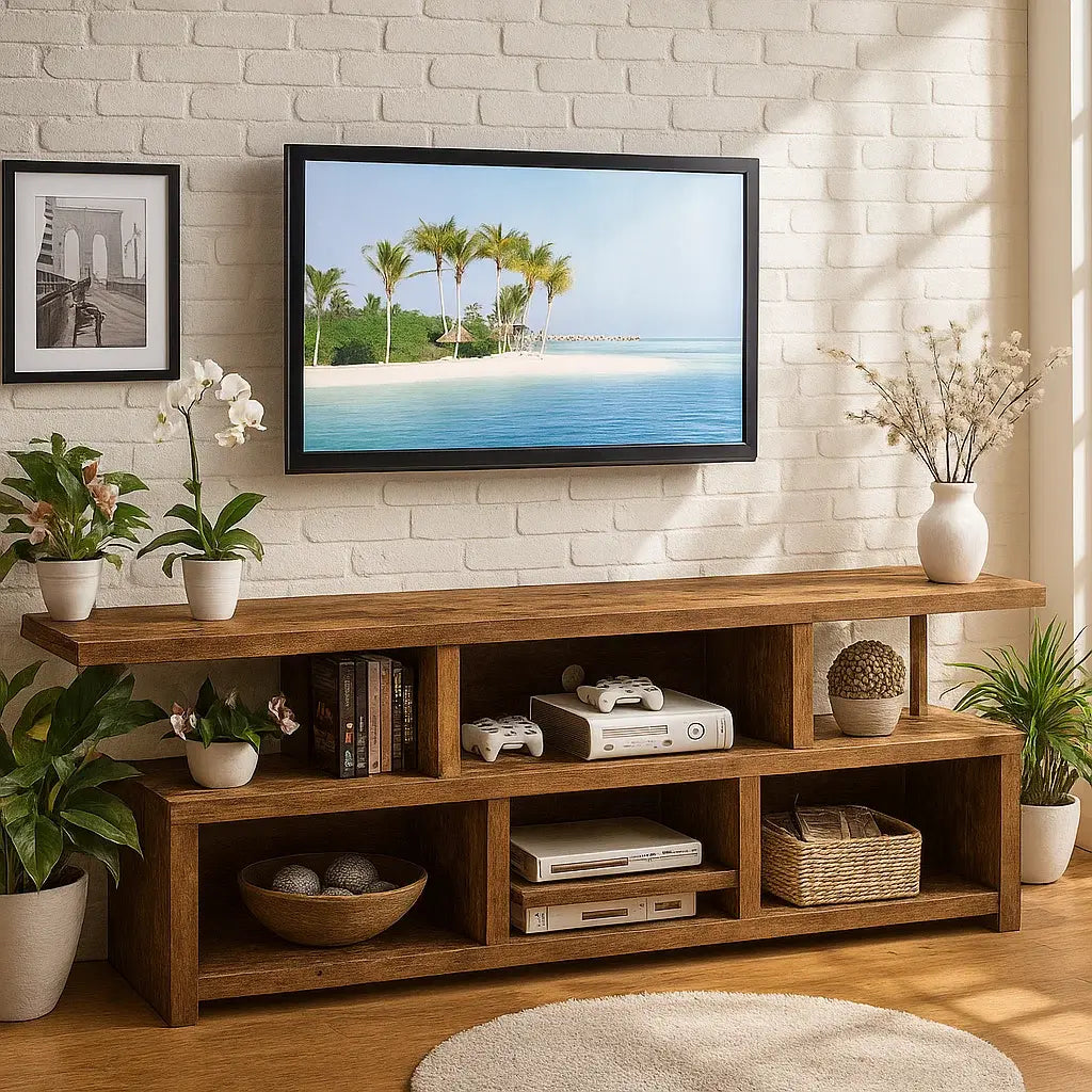 Handcrafted Solid Wood TV Stand – Rustic Modern Media Console with Open Shelves for Living Room Storage and Display Kitchnce