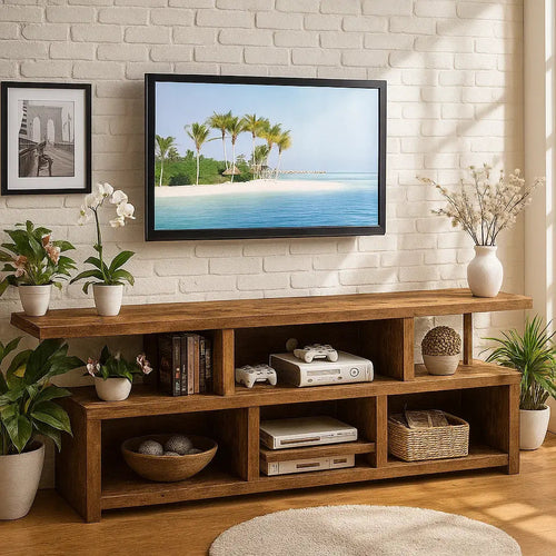 Handcrafted Solid Wood TV Stand – Rustic Modern Media Console with Open Shelves for Living Room Storage and Display Kitchnce