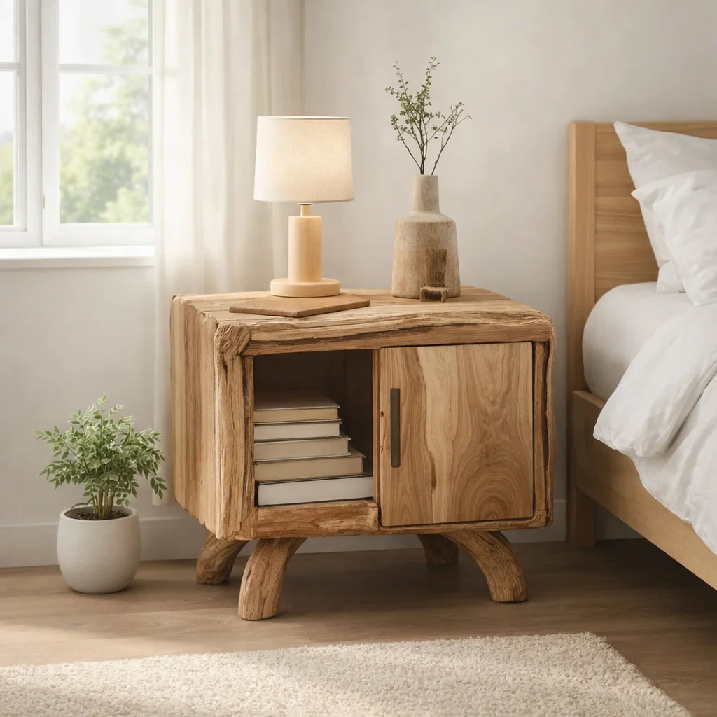 Solid Wood Nightstand with Door & Shelf – Rustic Live Edge Bedside Table