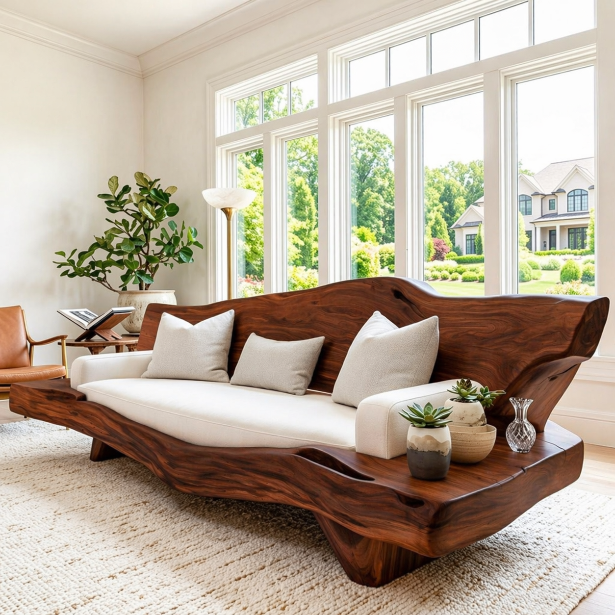 Organic Modern Wooden Sofa, Sculptural Statement Couch with White Cushion Seating
