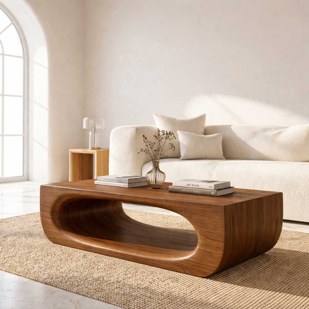 Modern Sculptural Coffee Table with Open Base, Minimalist Living Room Centerpiece
