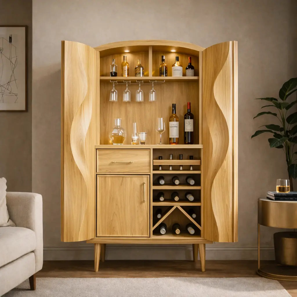 Solid Wood Bar Cabinet with Wine Storage, Glass Rack & Sculpted Wave Doors Kitchnce
