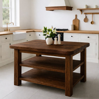 Live Edge Solid Wood Kitchen Island - Rustic Farmhouse Butcher Block with Storage Drawers