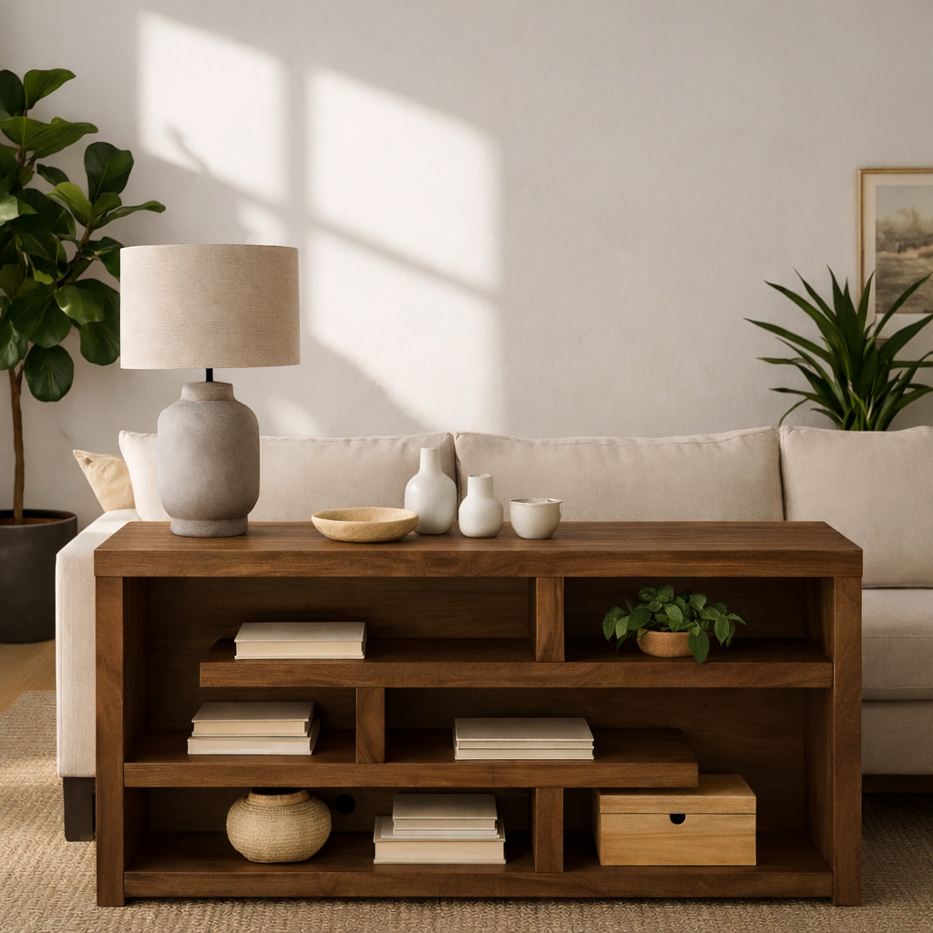 Modern Wood Console Table, Mid Century Media Console Cabinet with Open Storage Shelves Kitchnce