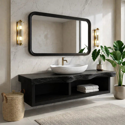 Floating Vanity with Natural Walnut Wood, Unique Curve Design and Open Shelf Kitchnce