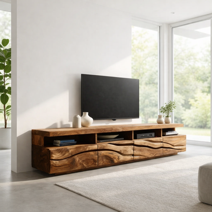 Solid Wood Media Console with Wave Carved Doors, Modern TV Stand Cabinet