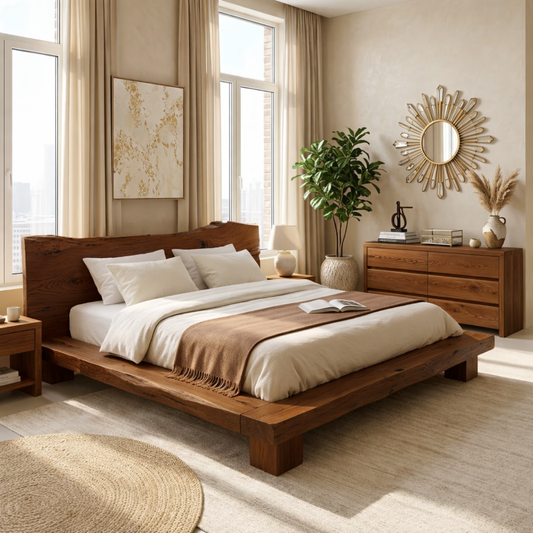 Organic Modern Platform Bed Frame, Rustic Minimalist Bedroom Furniture Statement