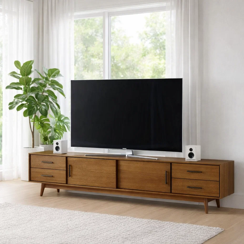 Mid Century Solid Wood TV Console with Drawers & Cabinets – Modern Media Stand