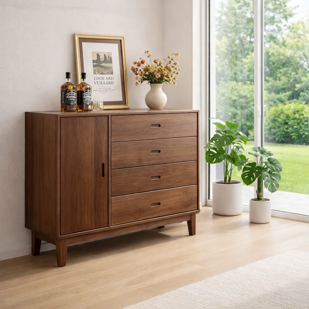 Mid Century Storage Sideboard Cabinet with 4 Drawers and Door – Compact Console
