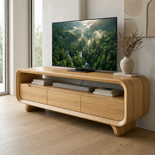 Solid Wood Media Console with Curved Edges – Modern TV Stand with Storage