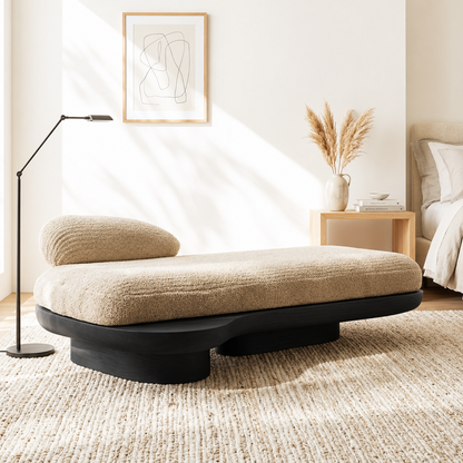 Sculptural Upholstered Daybed With Curved Base, Boucle Cushion, Bedroom Lounge Seat
