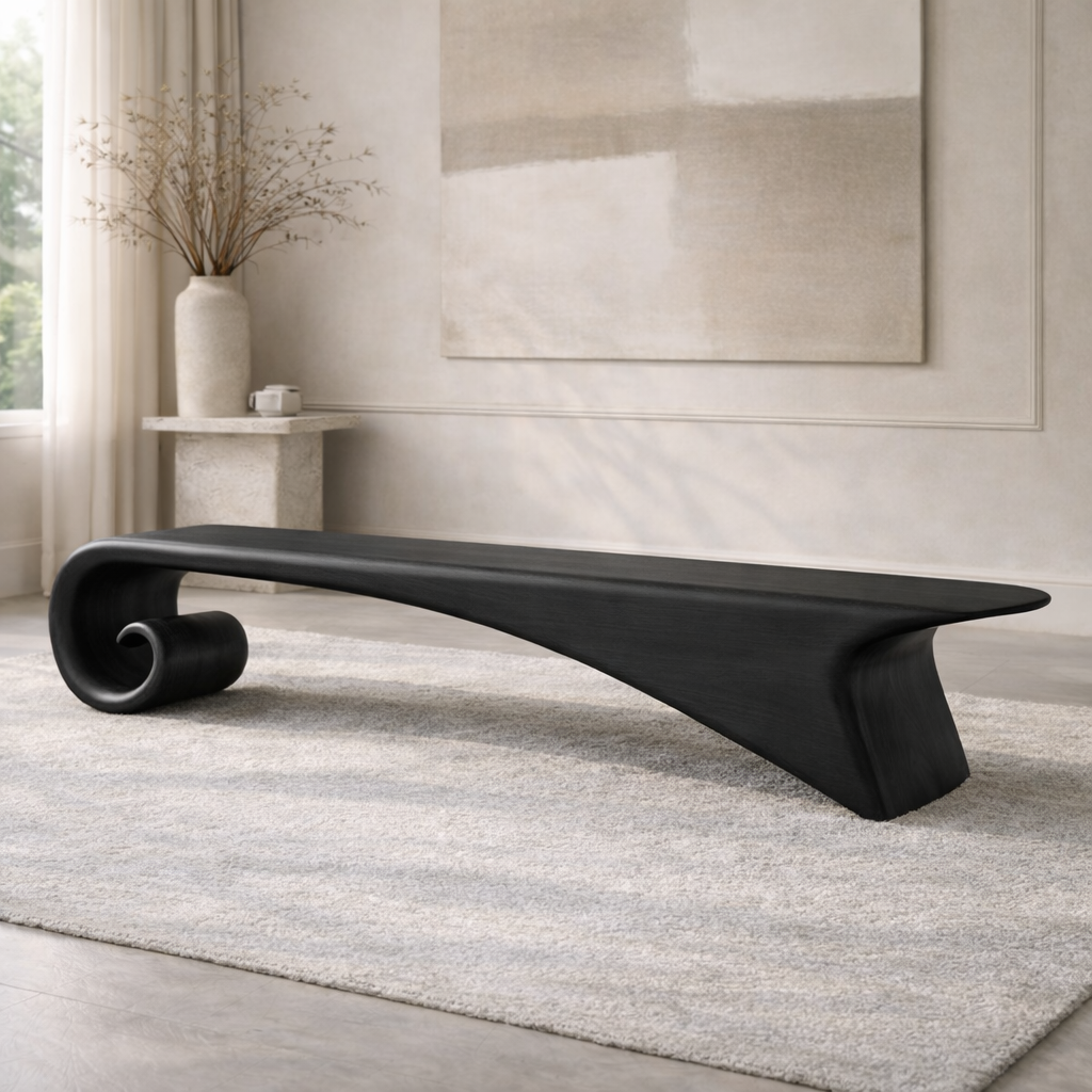 Modern Curved Entryway Bench Sculptural Wooden Hallway Seat Minimalist Furniture