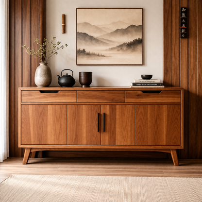 Mid-Century Solid Wood Console Cabinet with 2 Drawers and 4 Doors Storage
