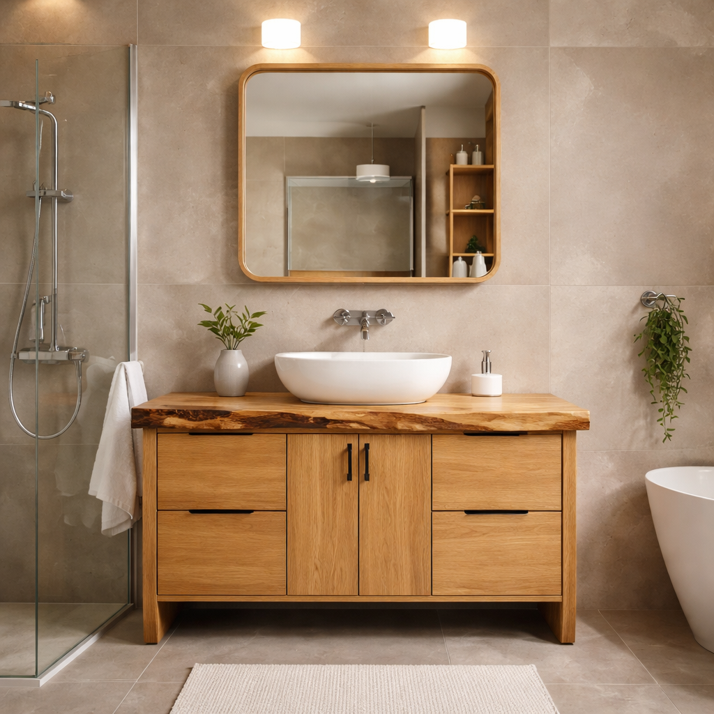 Solid Wood Bathroom Vanity Cabinet with Live Edge Top & Modern Sink Design