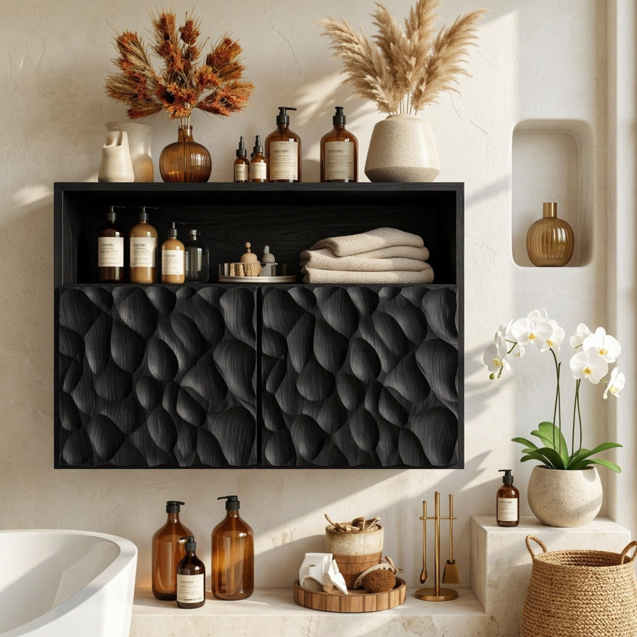Floating Bathroom Cabinet, Sculpted Double Door Wall Mounted Vanity Storage Unit