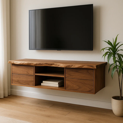 Handcrafted Solid Wood Floating TV - Live Edge Walnut, 4 Drawers & Open Shelf Kitchnce