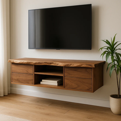 Handcrafted Solid Wood Floating TV - Live Edge Walnut, 4 Drawers & Open Shelf Kitchnce
