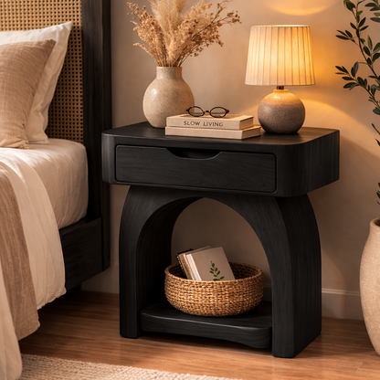 Solid Wood Nightstand with Drawer and Shelf – Modern Bedside Table for Bedroom Kitchnce