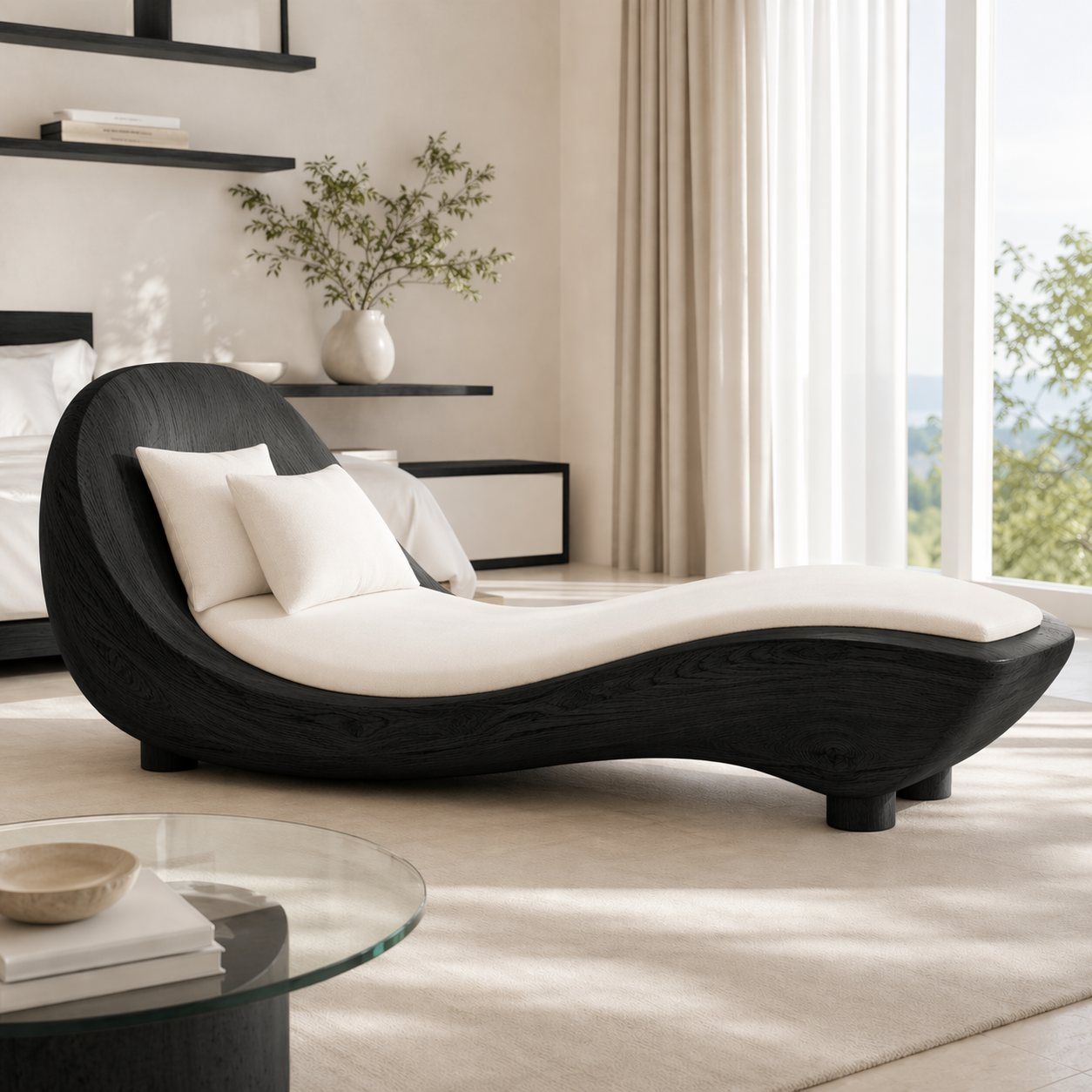 Modern Curved Chaise Lounge Sculptural Daybed with Cushion for Bedroom Decor