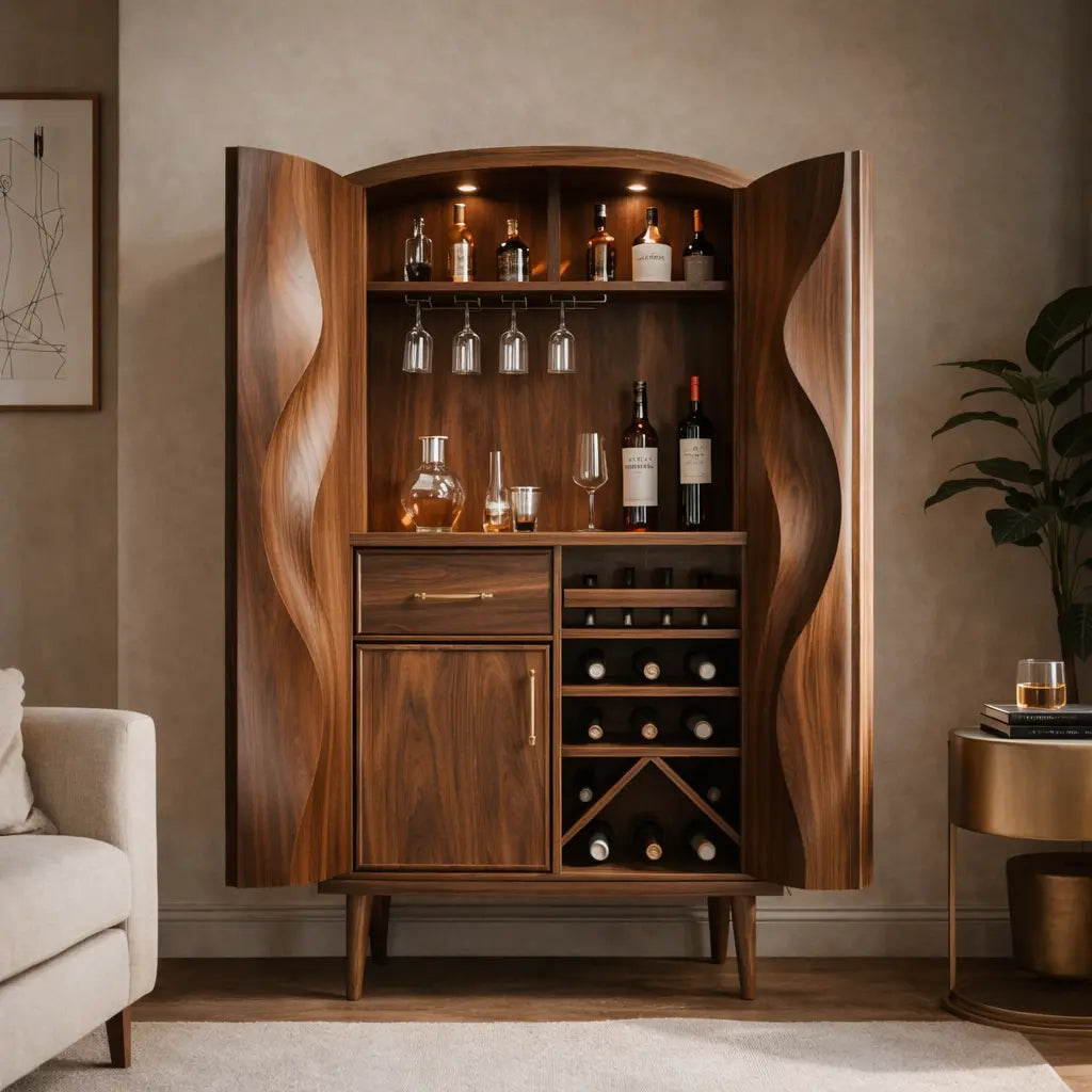 Solid Wood Bar Cabinet with Wine Storage, Glass Rack & Sculpted Wave Doors Kitchnce