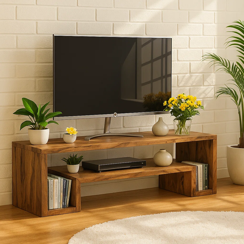Handcrafted Solid Wood TV Stand – Modern Minimalist Media Console with Open Shelves and Natural Warm Finish Kitchnce
