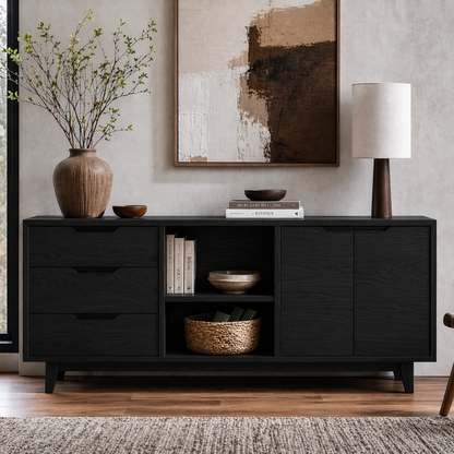 Modern Solid Wood Sideboard Cabinet with Drawers, Doors & Open Shelf Storage