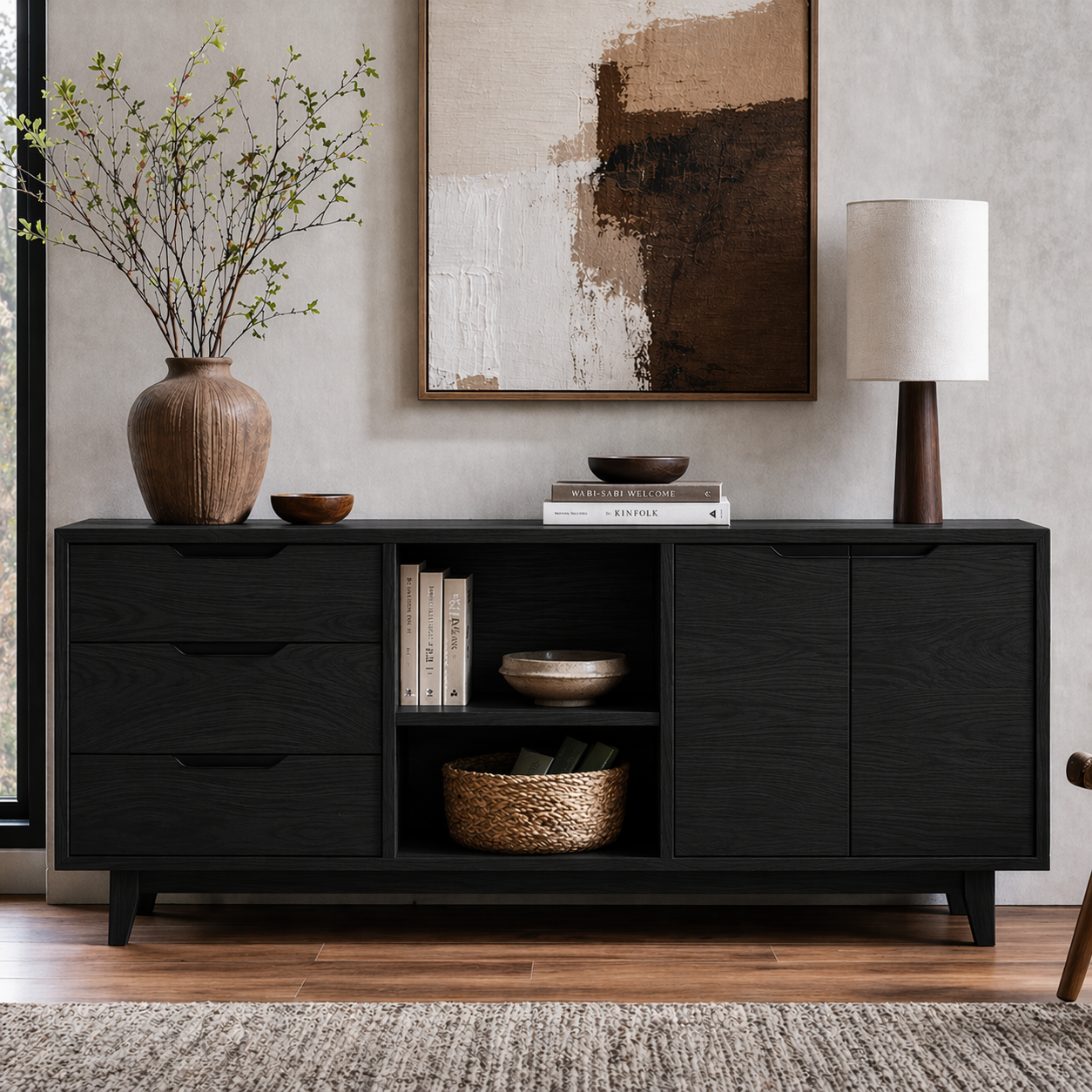 Modern Solid Wood Sideboard Cabinet with Drawers, Doors & Open Shelf Storage