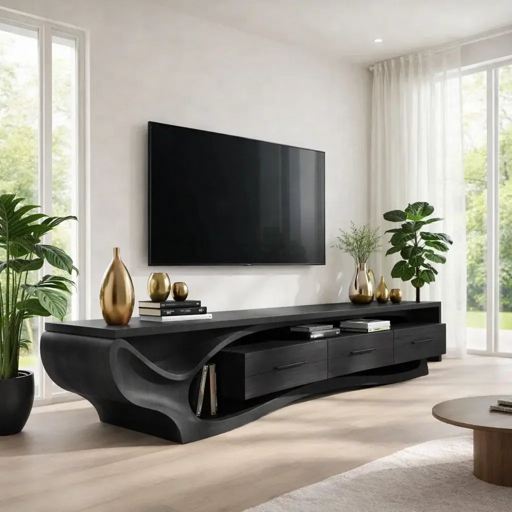 Solid Wood TV Cabinet with Curved Base – Modern Oak Media Console Kitchnce