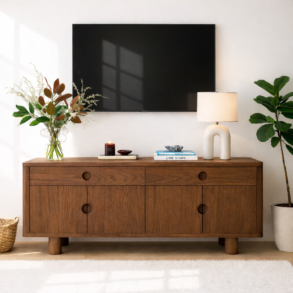 Minimalist Wood TV Stand With Cabinet Doors Long Media Console Modern Entertainment Center Kitchnce