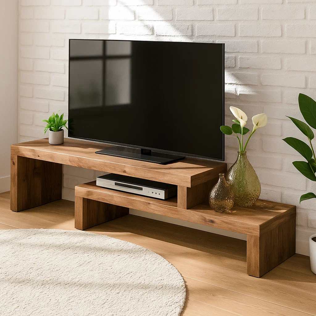 Handcrafted Solid Wood TV Stand – Modern Zen Media Console with Asymmetrical Two-Level Design and Natural Finish Kitchnce