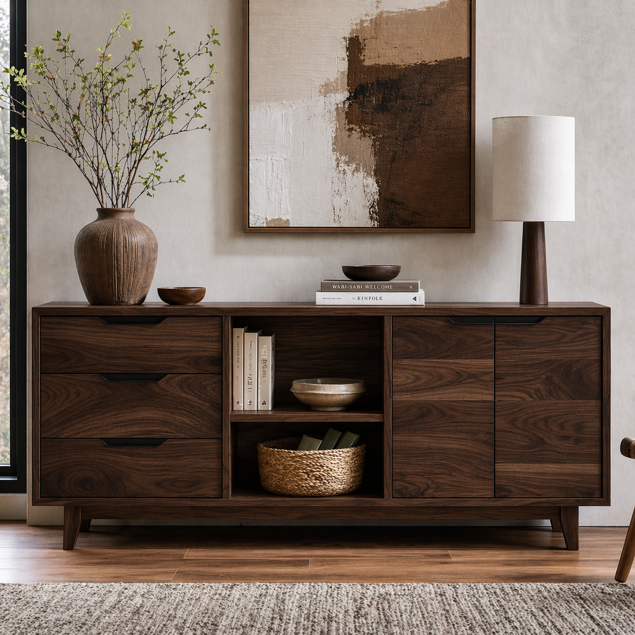 Modern Solid Wood Sideboard Cabinet with Drawers, Doors & Open Shelf Storage