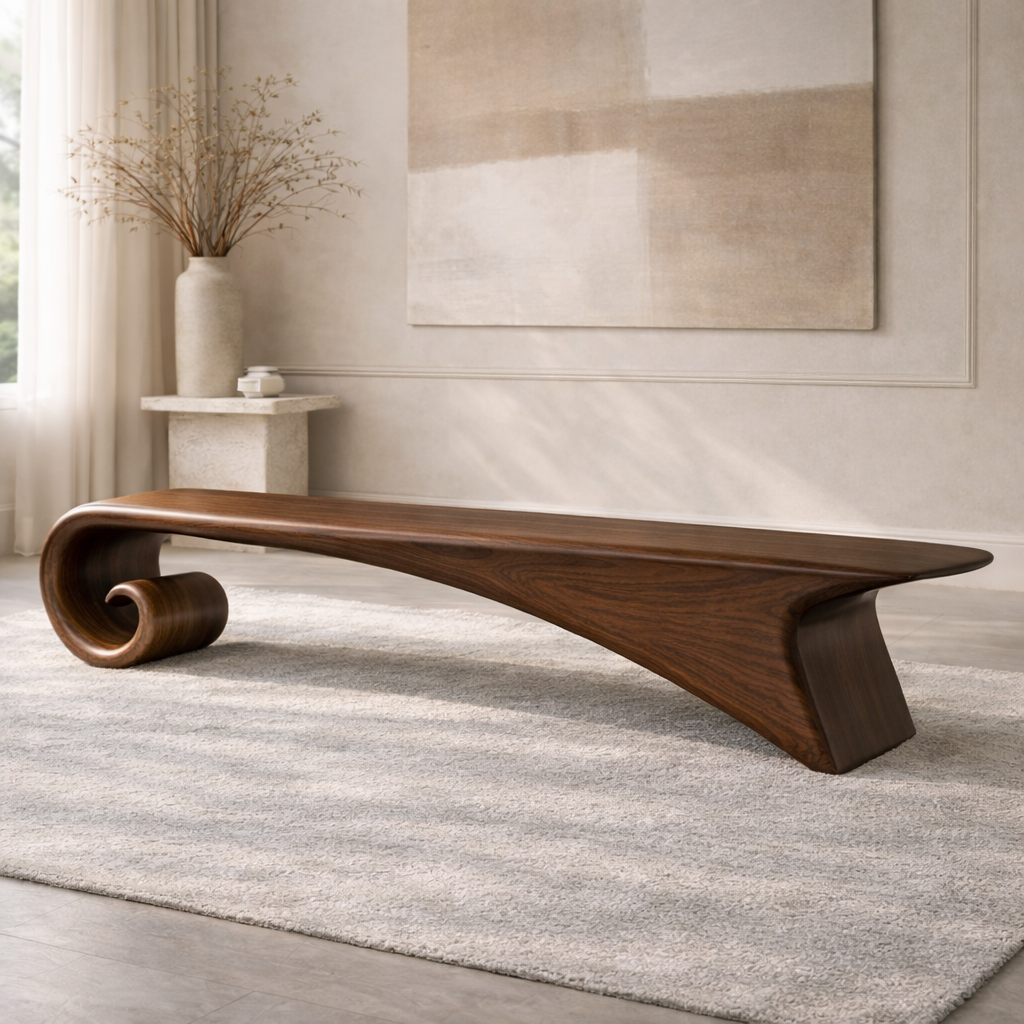 Modern Curved Entryway Bench Sculptural Wooden Hallway Seat Minimalist Furniture