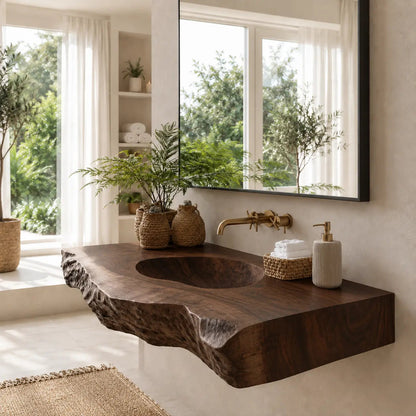 Live Edge Carved Sink Vanity | Thick Slab Solid Wood Floating Bathroom Kitchnce