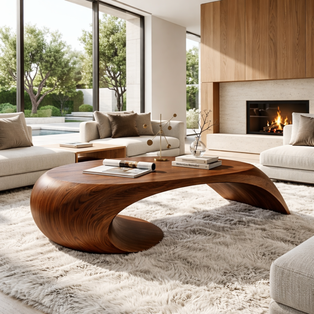 Modern Wooden Coffee Table with Sculptural Curved Design