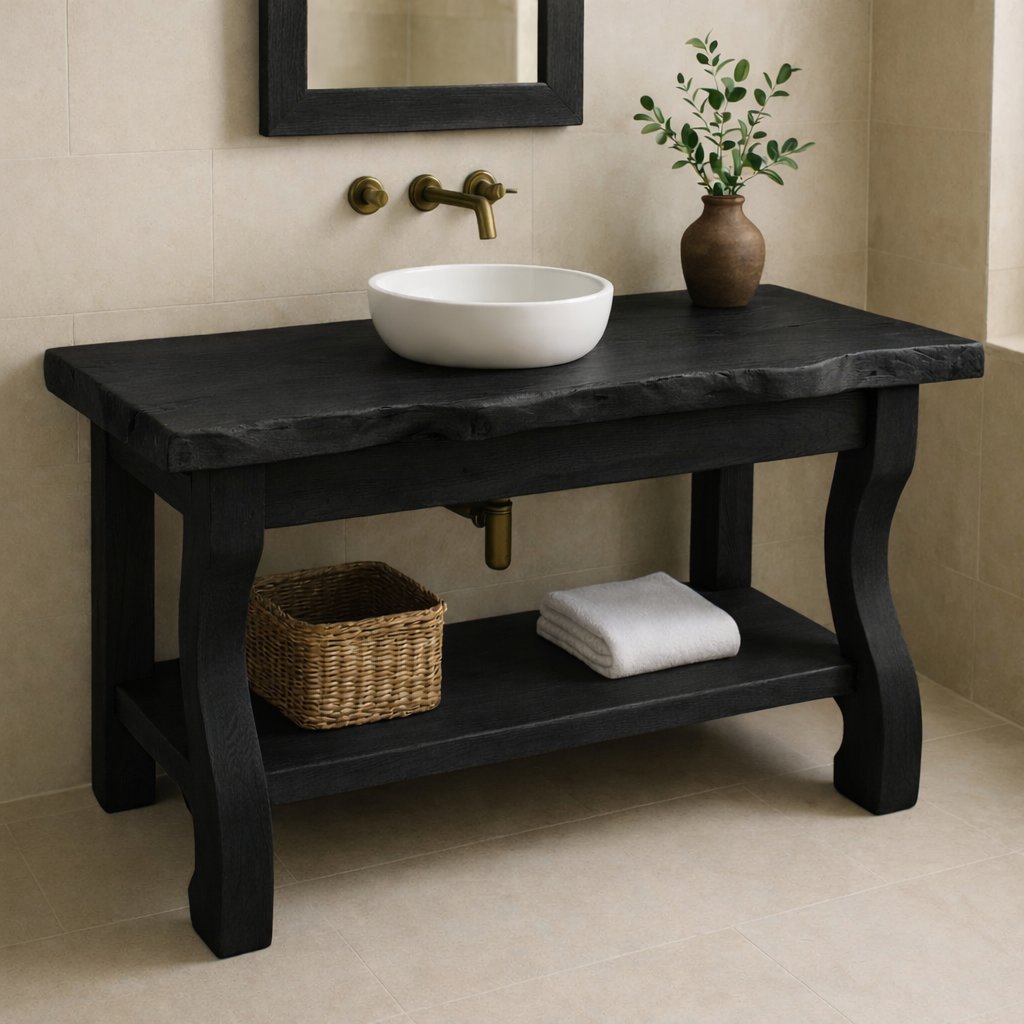 Solid Oak Floating Bathroom Vanity with Round Sink and Brass Fixtures Kitchnce
