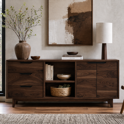 Modern Solid Wood Sideboard Cabinet with Drawers, Doors & Open Shelf Storage