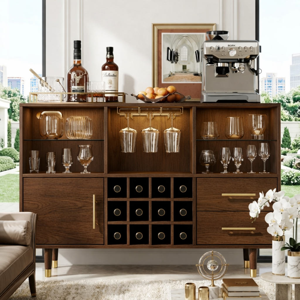 Modern Wooden Bar Cabinet, Coffee Station Sideboard with Built-In Wine-Glass Storage