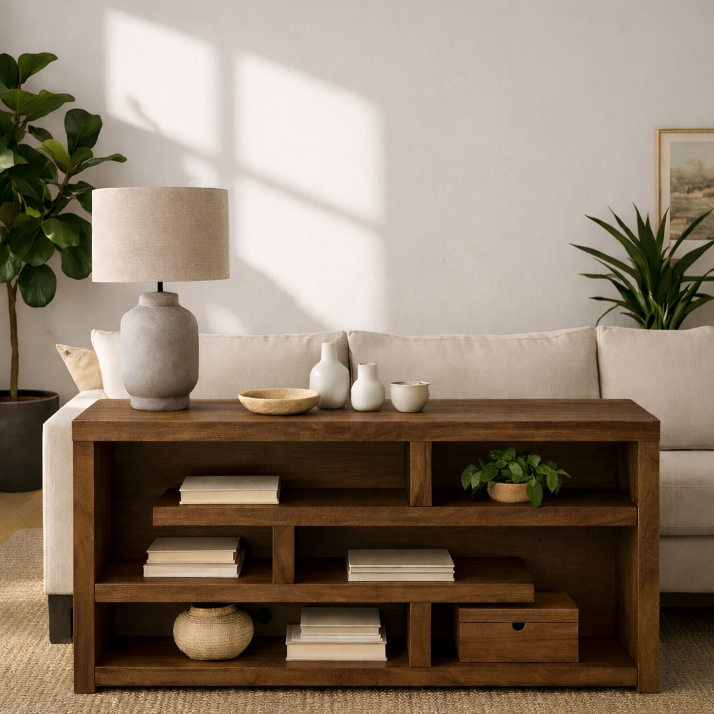 Modern Wood Console Table, Mid Century Media Console Cabinet with Open Storage Shelves Kitchnce