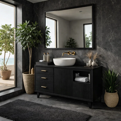 Solid Wood Bathroom Vanity with Drawers & Open Shelf – Modern Walnut Vanity Cabinet