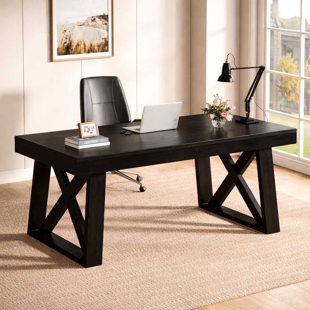 Contemporary Executive Desk with Architectural X-Frame Base, Minimalist Office Workstation Table