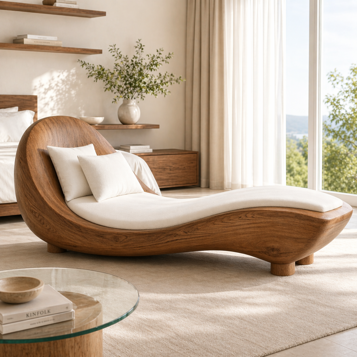 Modern Curved Chaise Lounge Sculptural Daybed with Cushion for Bedroom Decor