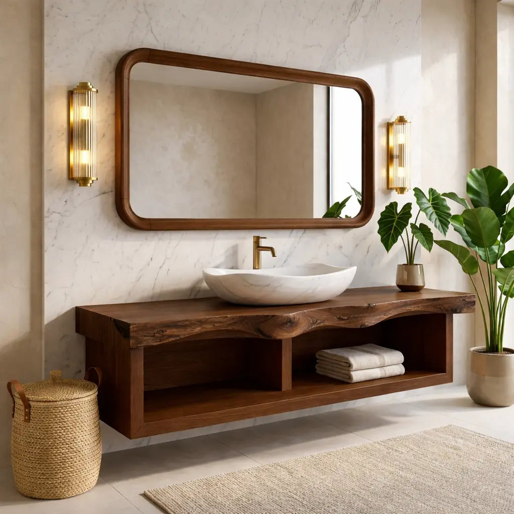 Floating Vanity with Natural Walnut Wood, Unique Curve Design and Open Shelf Kitchnce
