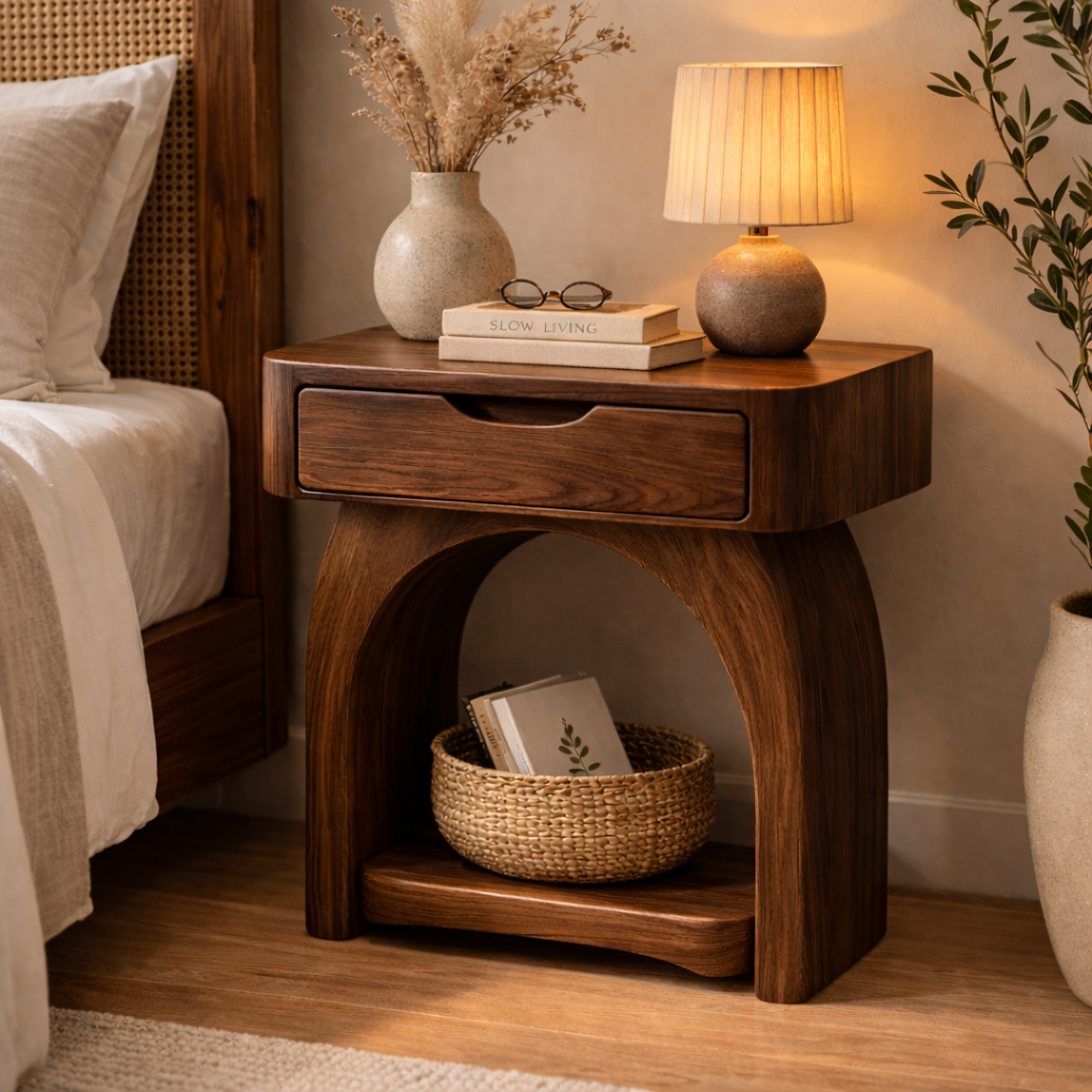 Solid Wood Nightstand with Drawer and Shelf – Modern Bedside Table for Bedroom Kitchnce