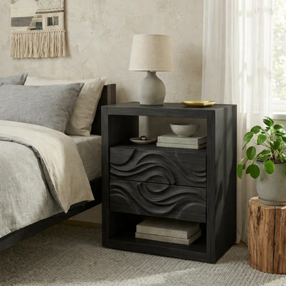 Solid Wood Nightstand with Carved Drawer – Modern Table with Storage