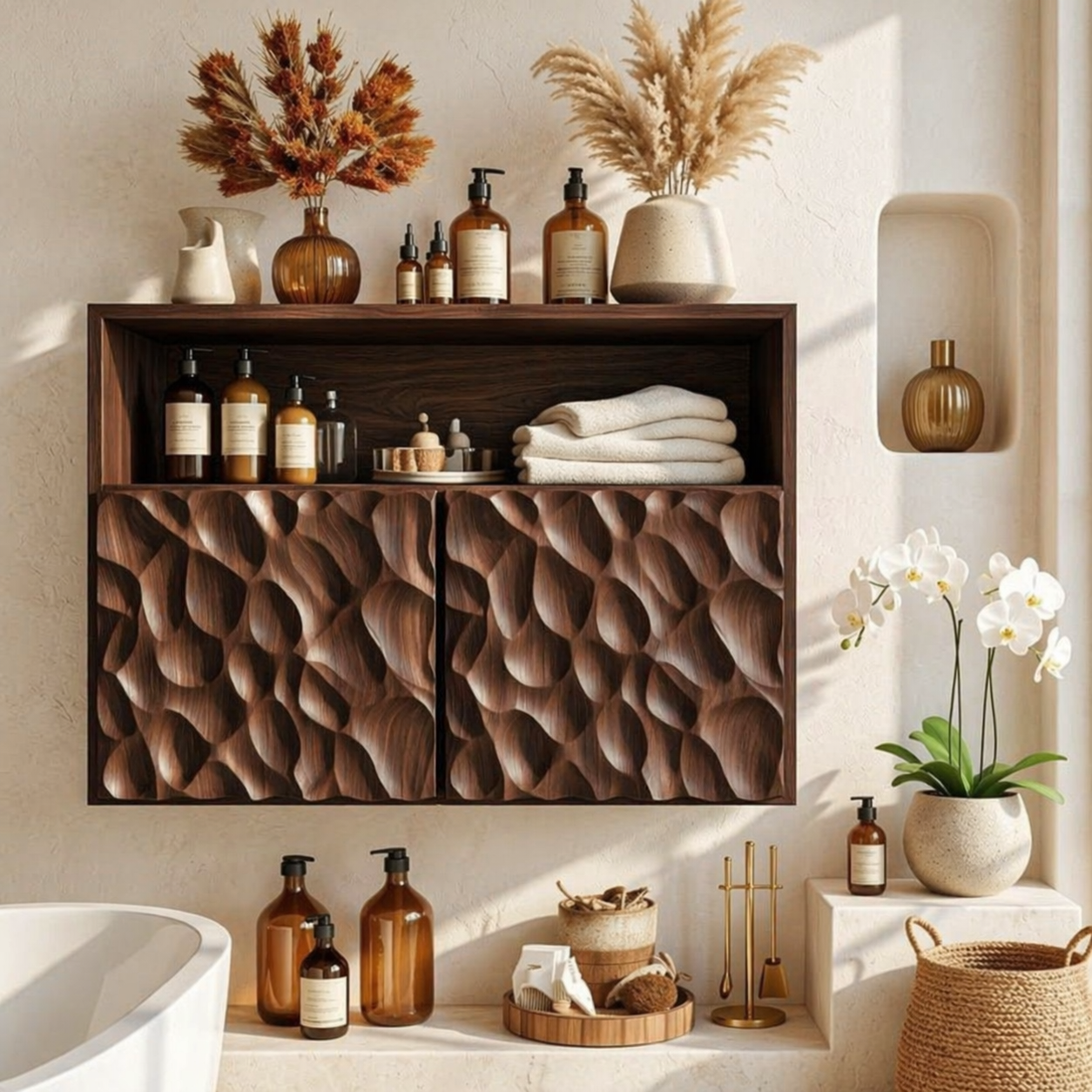 Floating Bathroom Cabinet, Sculpted Double Door Wall Mounted Vanity Storage Unit