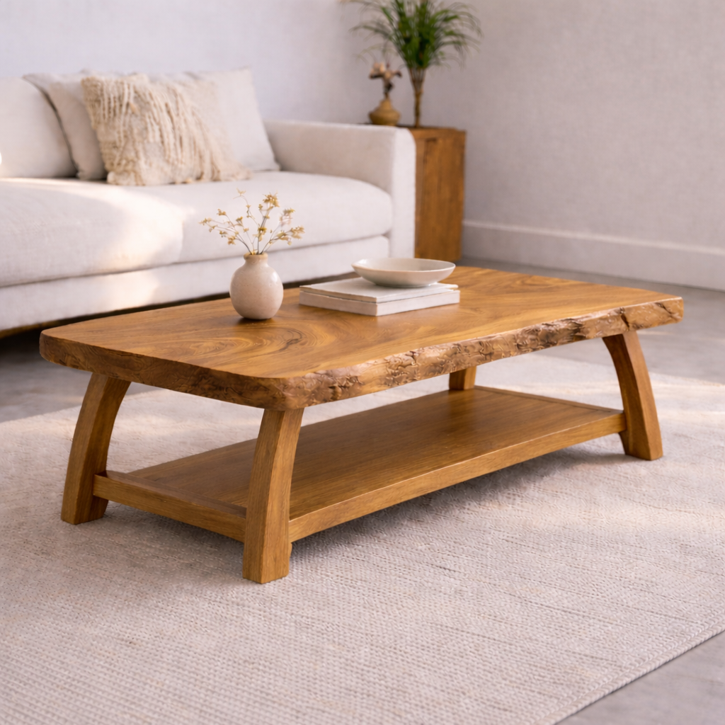 Live Edge Solid Wood Coffee Table with Storage Shelf – Rustic Modern Living Room Table Kitchnce