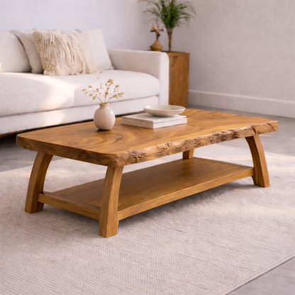 Live Edge Solid Wood Coffee Table with Storage Shelf – Rustic Modern Living Room Table Kitchnce